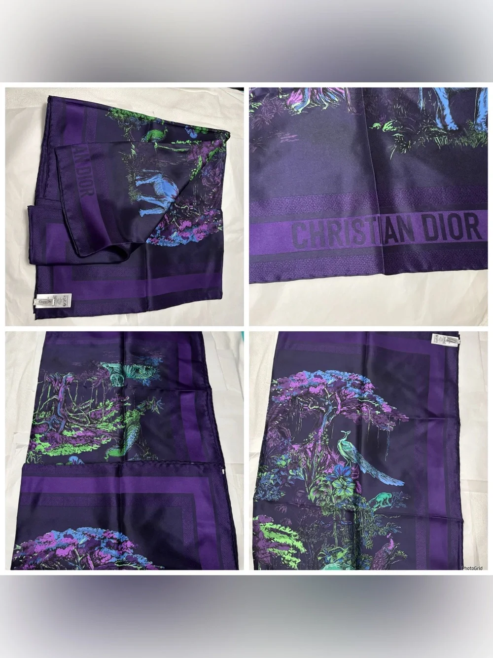 Christian Dior AUTHENTIC Toile de Jouy Voyage Jungle Animals Silk Scarf Purple